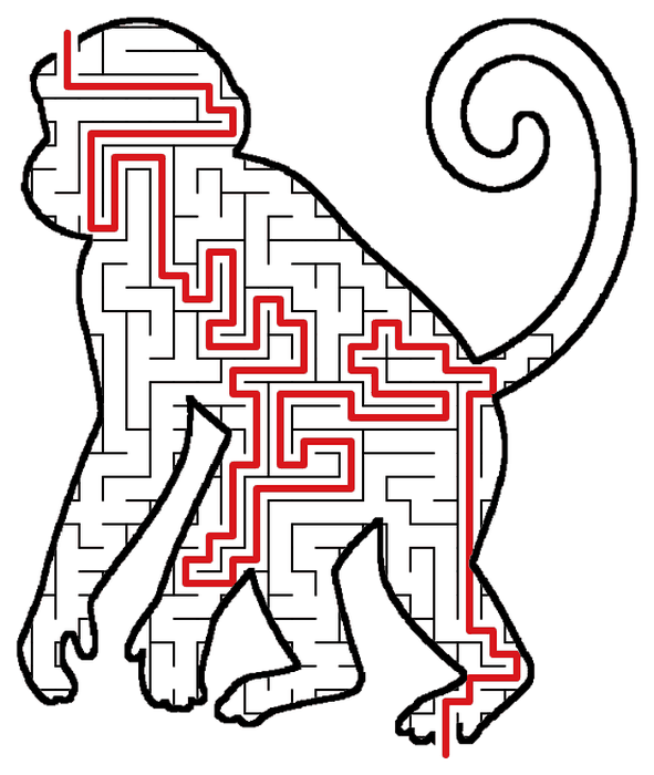 Solved Monkey maze, the way through marked in red