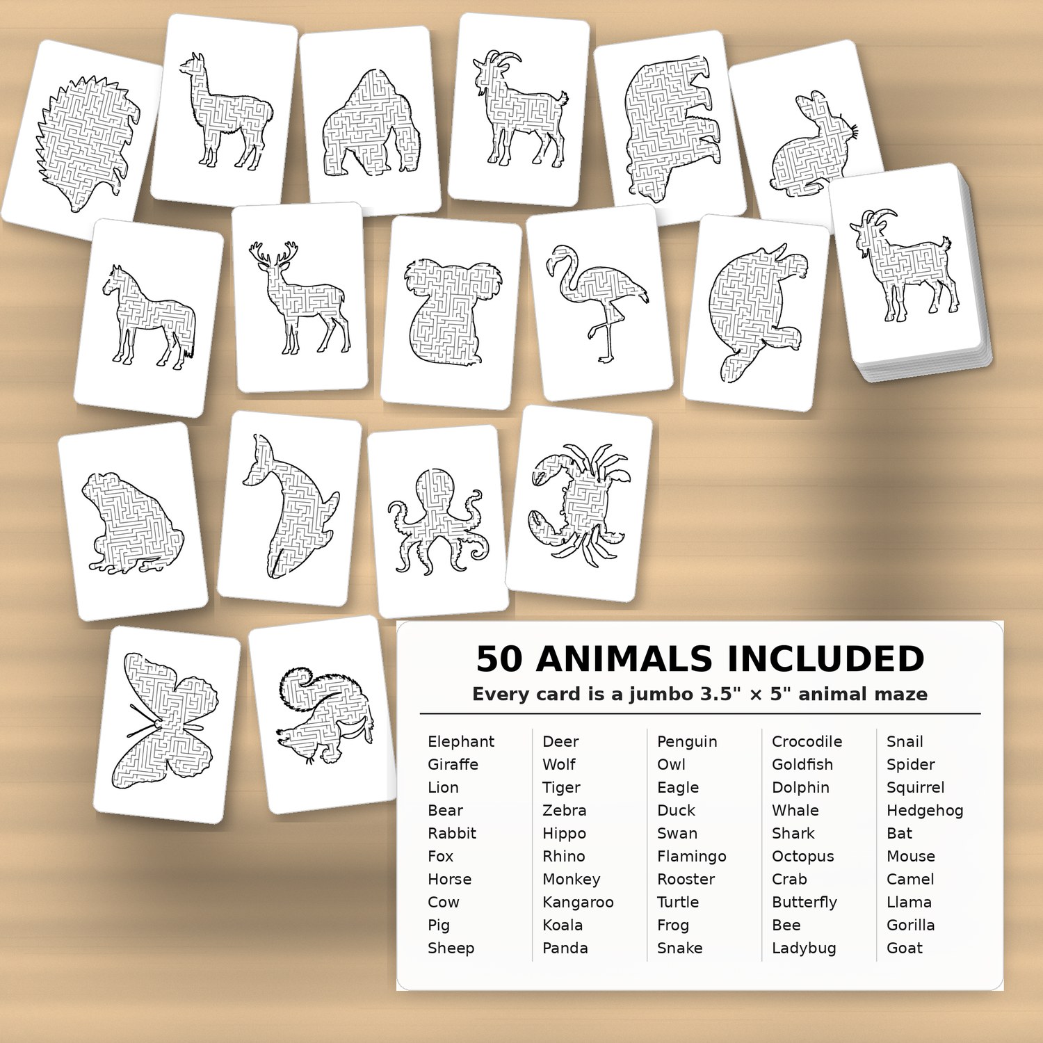 Cards spread out with the full list of all fifty animals included in the deck
