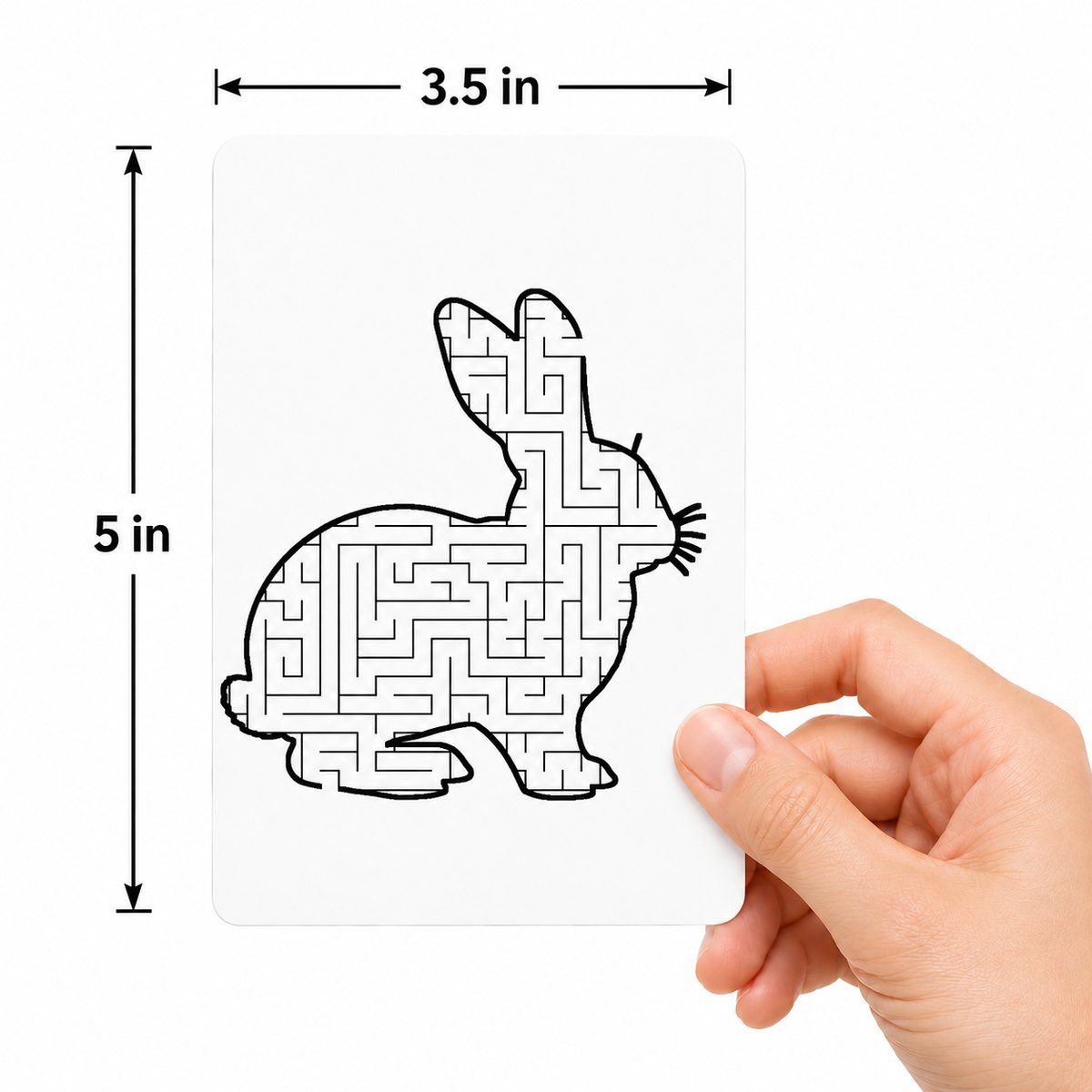 A hand holding one card, labelled 3.5 inches wide by 5 inches tall