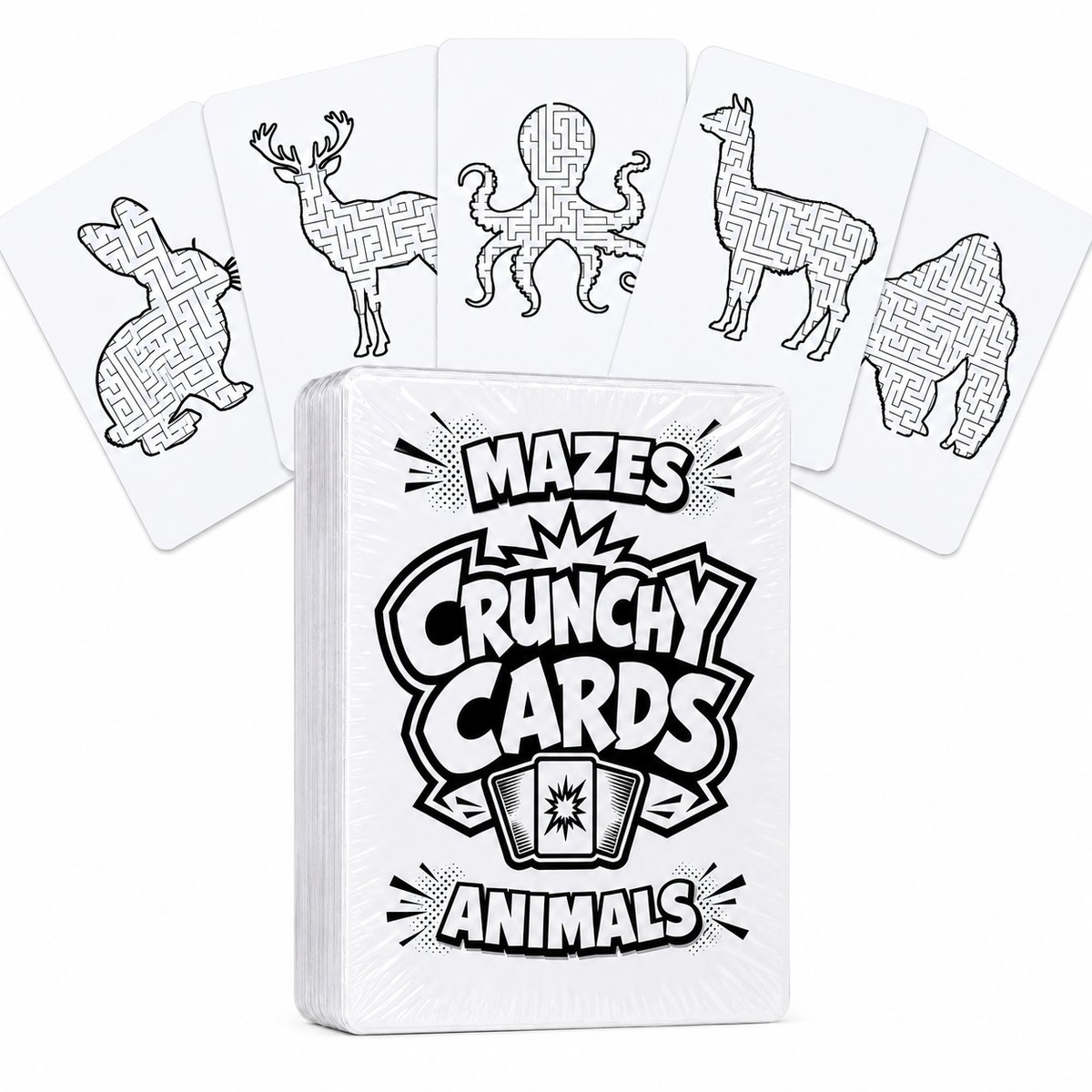 The Animals deck with rabbit, deer, octopus, llama and gorilla maze cards fanned behind it